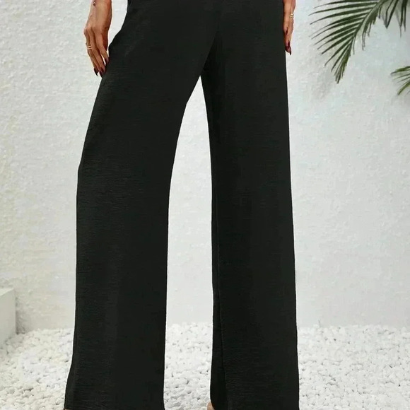 Black Casual Women's Drawstring Waist Wide Leg Pants - Picture 3 of 6